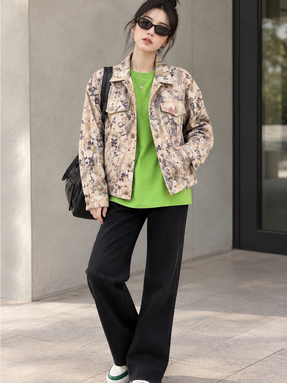 Statement Vintage Print Jacket – Beige Artistic Pattern – Size XS